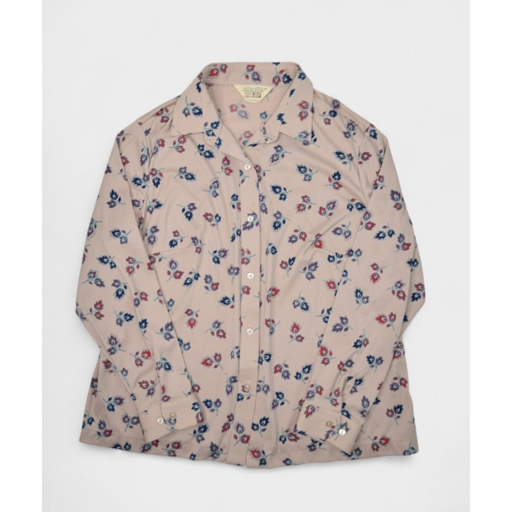 Vintage 70s Shirt Womens L Sears Leaf Print Polyester Blouse Long Sleeve Button